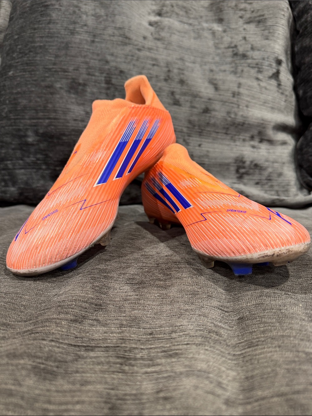 adidas Laceless Soccer Cleats in Neon Orange with Blue Accents - Picture 5 of 6